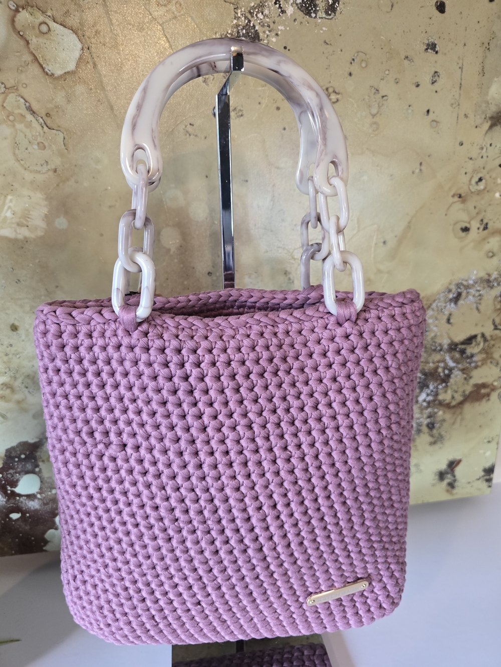 Woven Pink Handbag with Acrylic Chain Handles